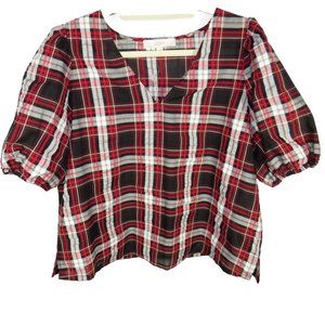 Loft Women's Size Large Black Red Plaid Lightweight Puff Sleeve V Neck Blouse